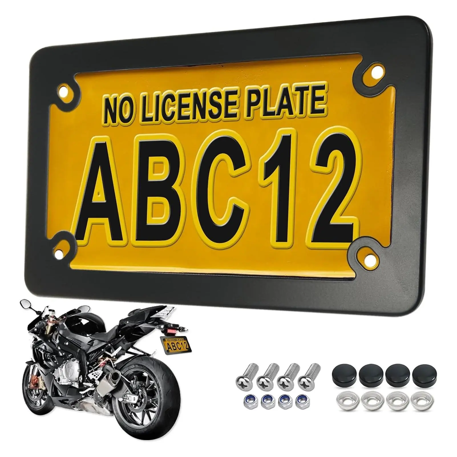 Motorcycle License Plate Frame, Matte Black Stainless Steel Heavy Duty Rustproof Holder for Bike Moto Moped Motorbike Scooter, with Screws Nuts Caps, 1 PackGift