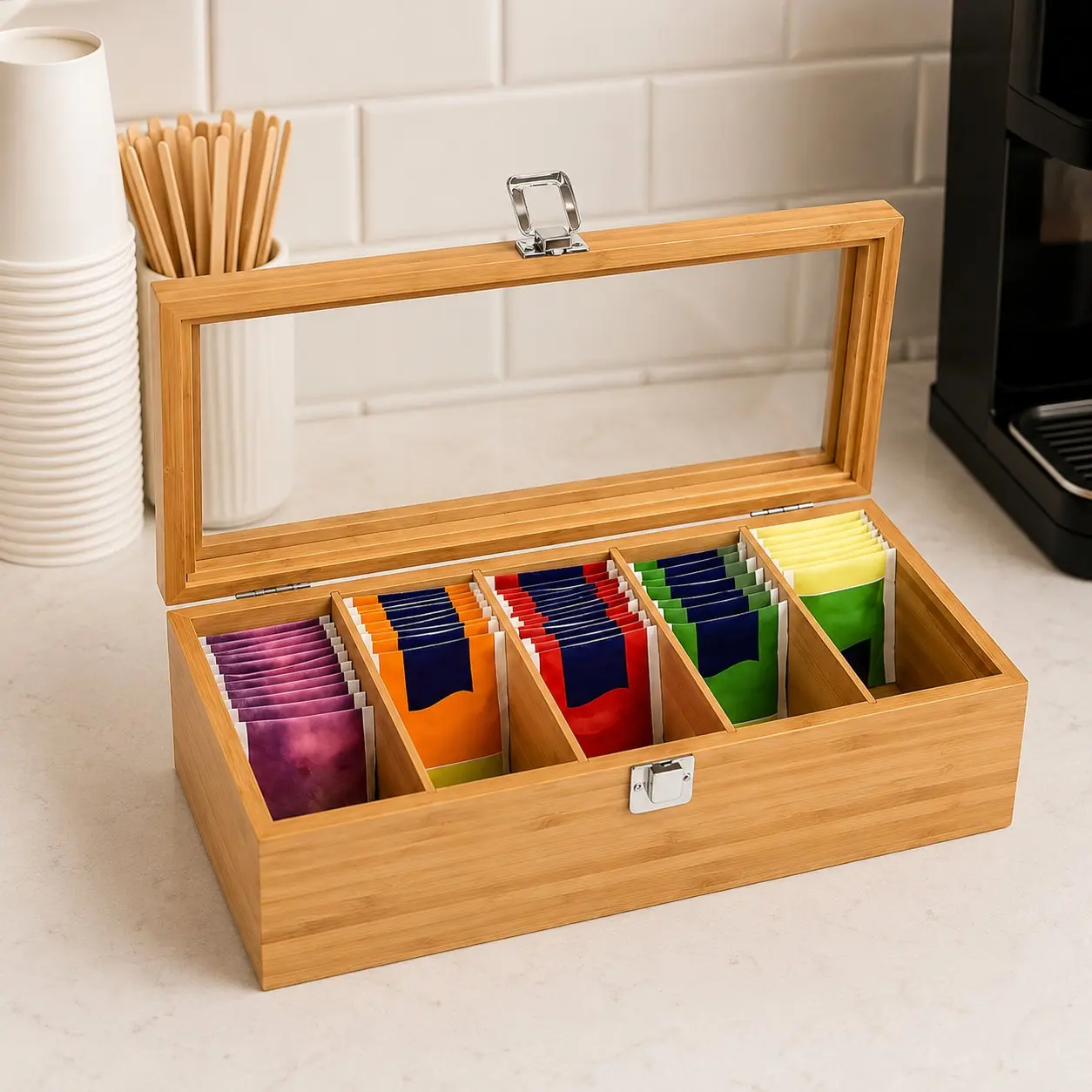 Bamboo Tea Bag Organizer Box with Clear Lid, 5-Compartment Wooden Storage Box for Tea Bags, Sugar & Condiment Packets, Kitchen Coffee Bar Organizer, 1 Pack