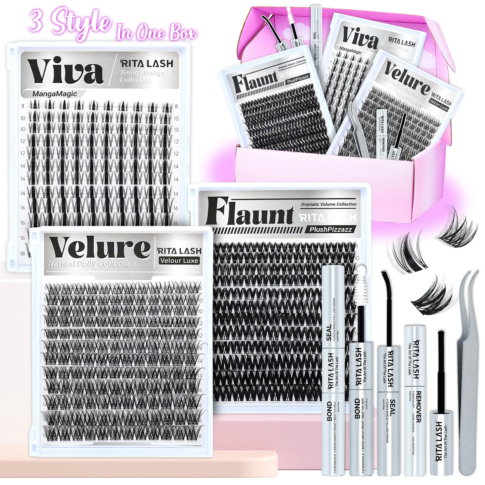 RITALASH 408Pcs Curl Cluster Lashes, DIY Eyelashes Clusters, Diy Makeup Lashes, Viva/Flaunt/Velure 8-18mm DIY Volume Cluster Eyelash Extensions Kit Popular & Must-Have Clusters with Lash Bond and Seal, Remover, Lash Tweezers