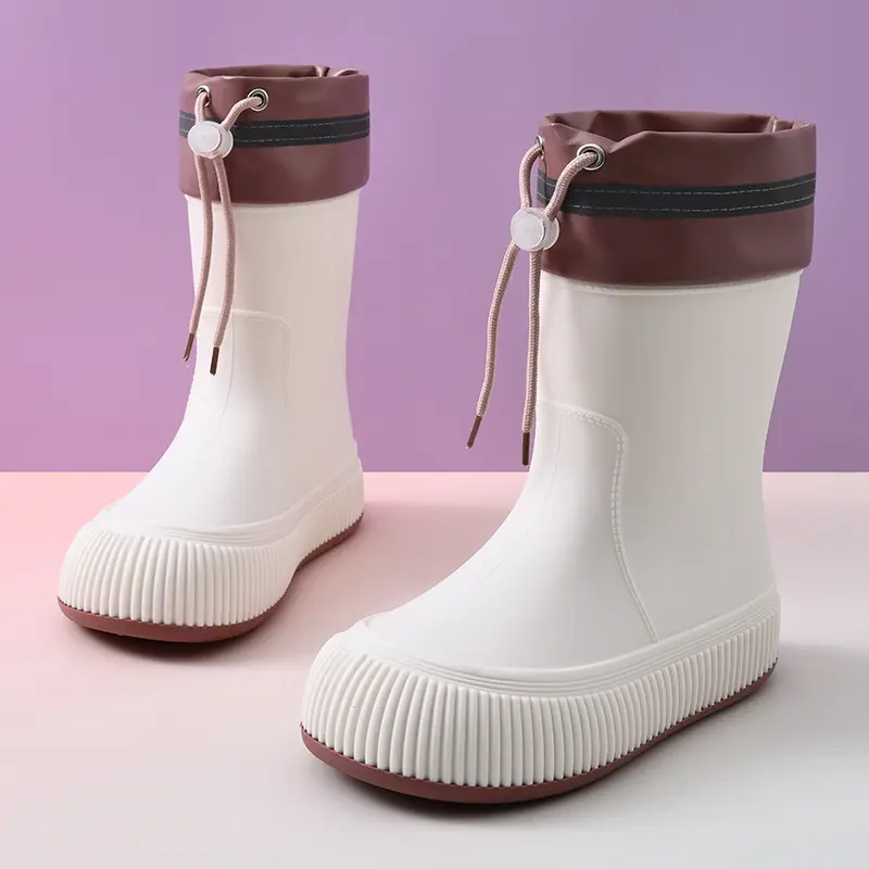 Women Mid‑Calf EVA Rain Boots Drawstring Cuff Waterproof Lightweight Non‑Slip Sole Fashion Outdoor Rain Shoes