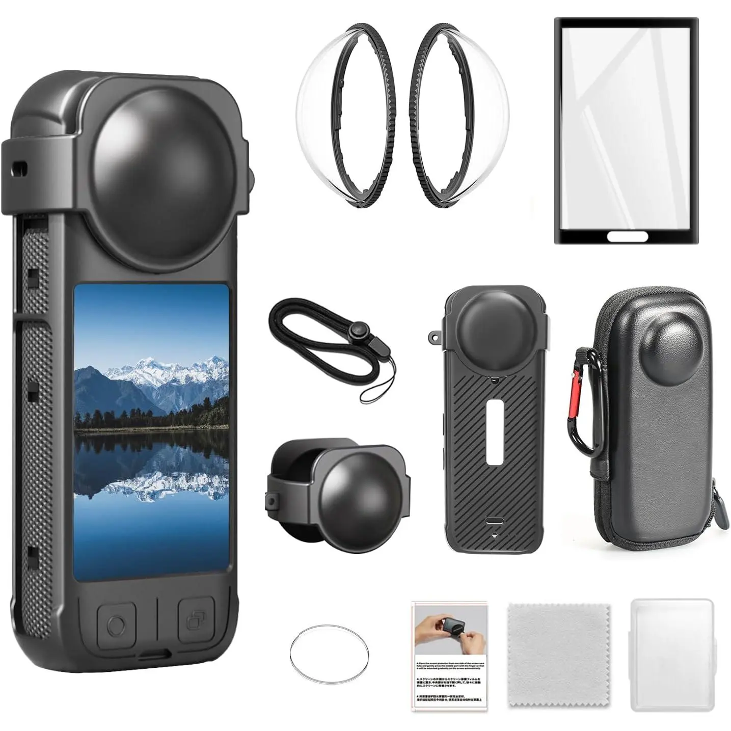 Insta 360 X4 Anti-Fall Protective Set - Tempered Glass Lens Guards, Tempered Glass Screen Protectors, EVA Plush Direct Charge Case (Black, Unisex; Not Compatible with X4 AIR), Weather Proof, X4 Compatible