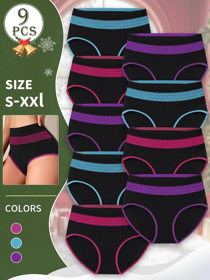 QUASTI 9PCS High-Waist Letter Collision Color Splicing Design Panties, Milk Silk High Elasticity Underwear for Women, Soft Comfortable Bold Color Blocks Design Pure Cotton Crotch, S-XXL