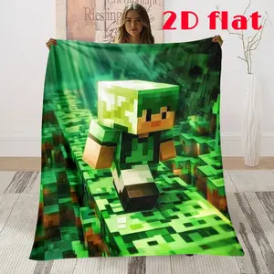 2D Pixel Character Blanket - Lightweight, Wrinkle Resistant, Green Background, Digital Print, Warm Winter Bedding for Travel, Camping, Sofa Use