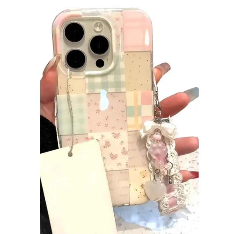 Floral Plaid Stitched Protective Phone Shell, Dual Structure Shock Resistant Case Compatible with iPhone 13, iPhone 14 Pro & iPhone 15 Pro, Slim Decorative Cell Phone Back Cover with Stitch Pattern