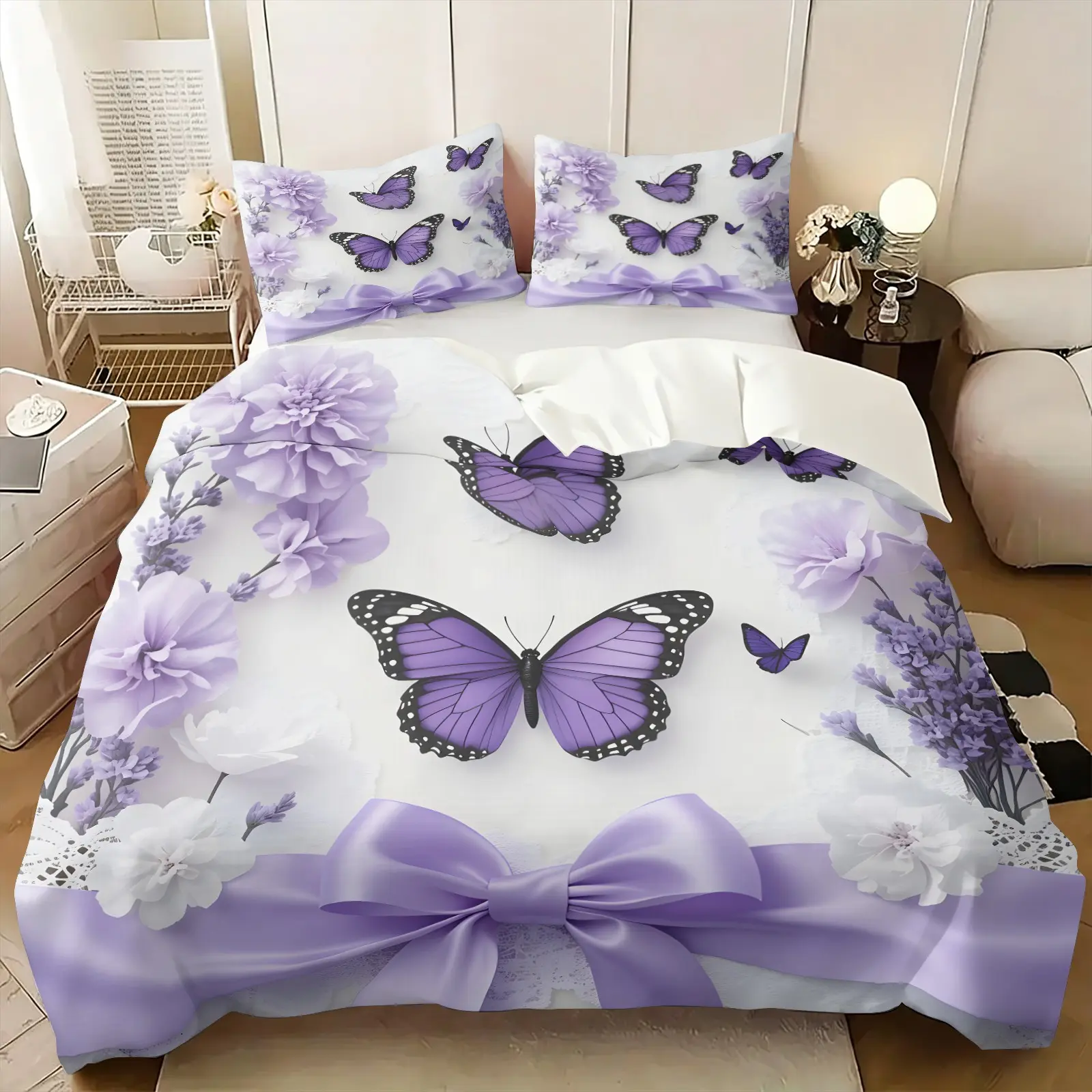Lavender Purple Butterfly & Large Floral with Satin Bow Art Printed Duvet Cover Set, Include 1 Comforter Cover and 1/2 Pillowcases, Aesthetic Lace Texture Pattern On White Base Design Quilt Cover, Romantic Girly Style Bedroom Decor, All Seasons Use