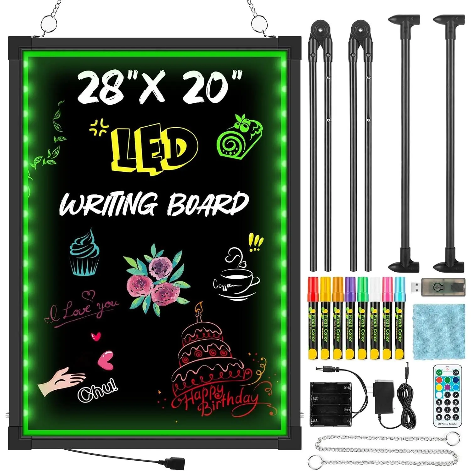 LED Message Board, 28"x20" Flashing Neon Effect & Remote Control, Illuminated Erasable Signage Board for Restaurants/Bars/Cafes, Includes 8 Fluorescent Chalk Markers