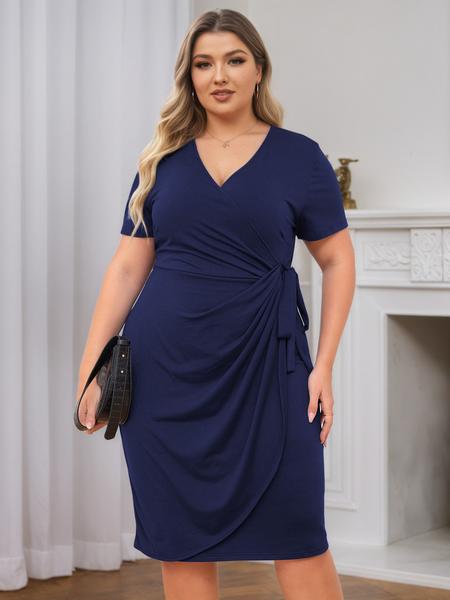 Plus Size Slim Fit Mid-Length Dress, Casual V Neck Short Sleeve High Waist Summer Dress with Belt, Soft Comfortable Women's Clothing
