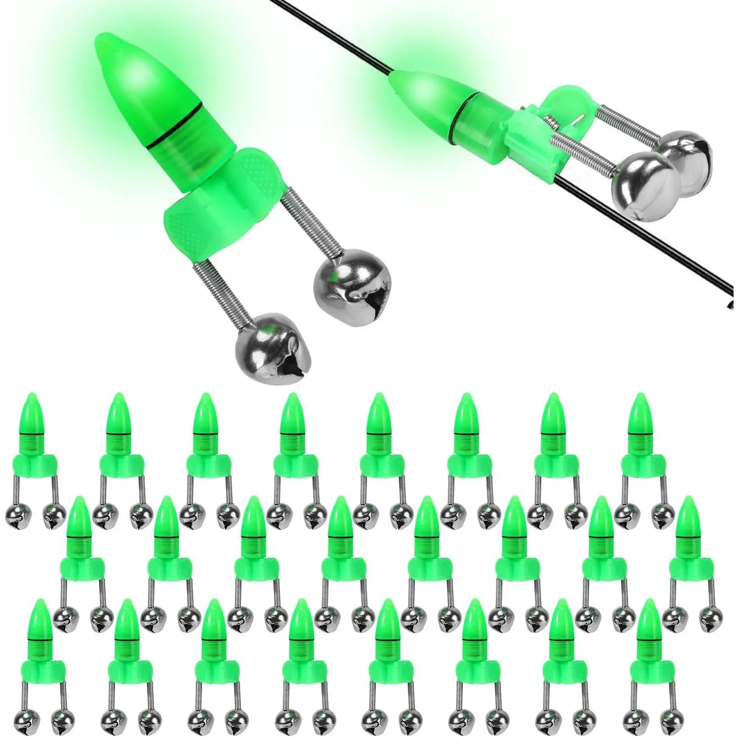 25 count Fishing Rod Bells with Tip up Lights,  Fishing Bite Alarms for Fishing Poles, Bright LED Fishing Lights for Night Fishing, Ice Fishing, Anti-Slip Clip Fishing Alert Bells for Rods