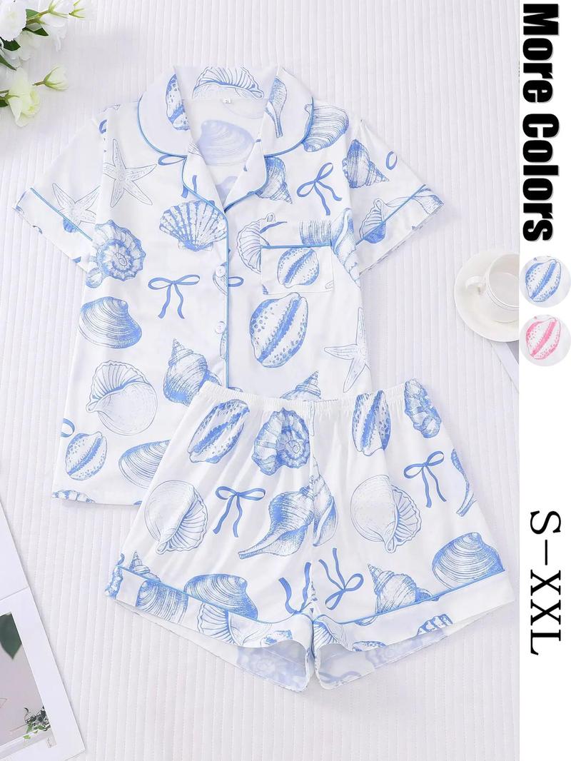 Women's All Over Print Button Front Top & Elastic Waist Shorts Pyjama Two-piece Set, Casual Comfy Short Sleeve Top & Shorts Pj Set, Ladies Sleepwear & Loungewear for All Seasons