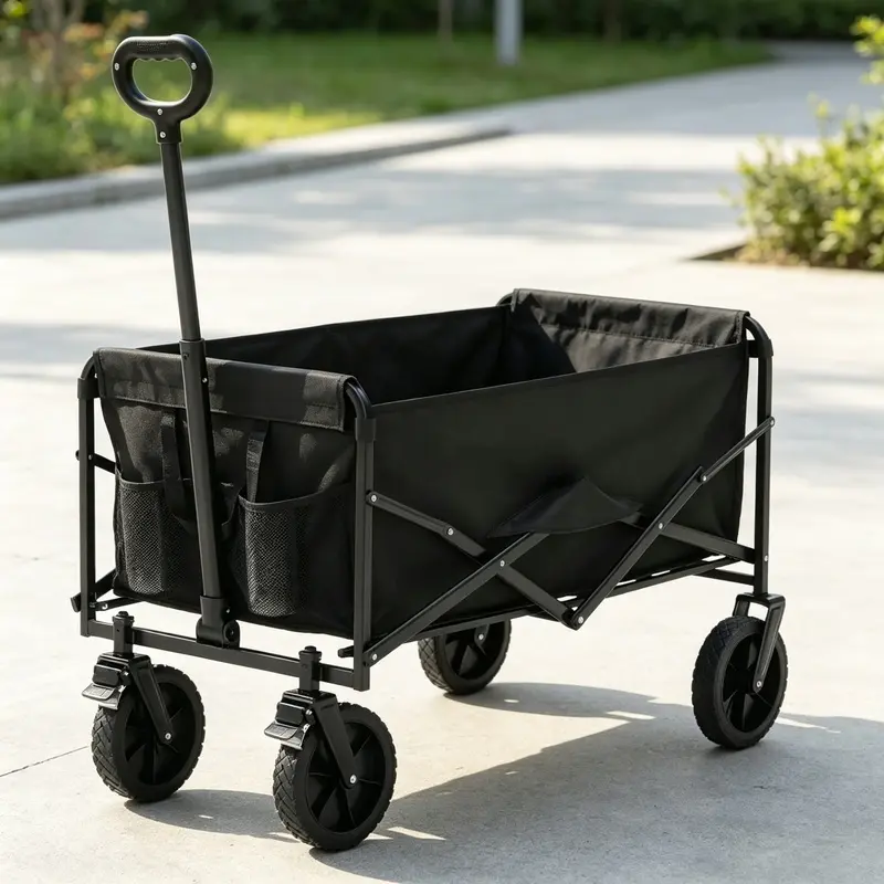 Heavy-duty foldable black camping cart with all-terrain wheels - multifunctional, easy to store, suitable for camping, travel, sports, fishing, and barbecues