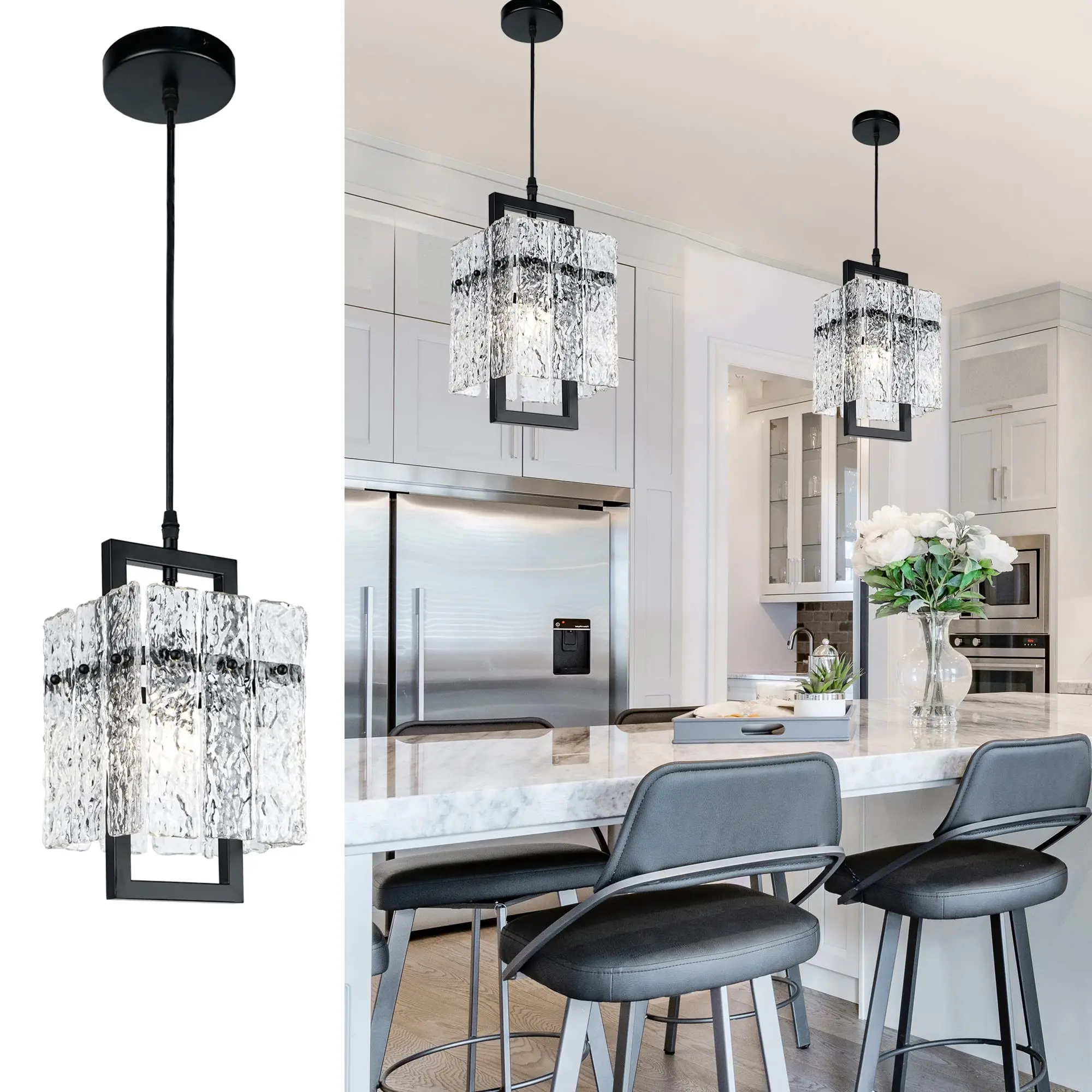 1 Pack Modern Luxury Black Pendant Lighting, Indoor Lighting, Water Ripple Glass Square Chandelier, Adjustable 7 Inch E26 Lamp for Kitchen Island, Dining Room, Bedroom