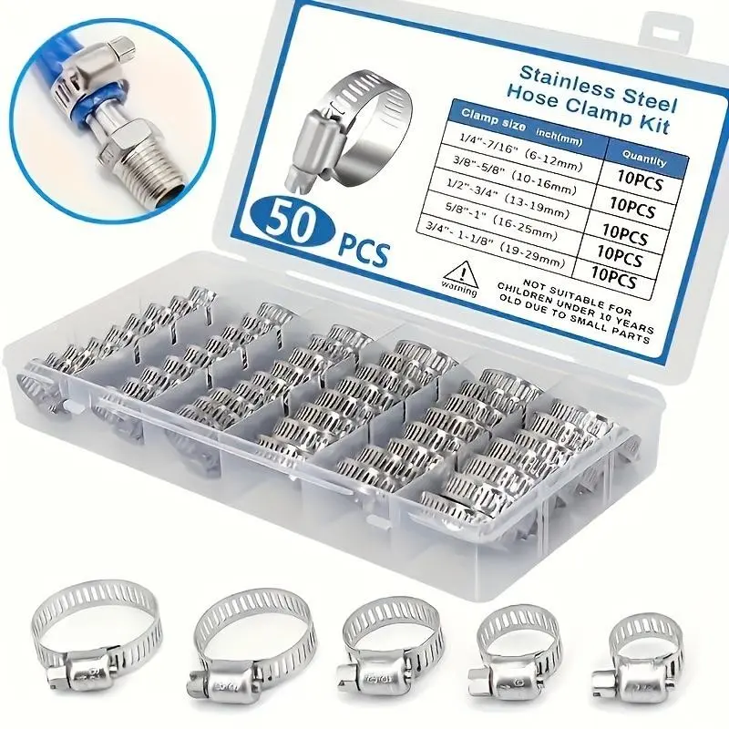 50 Pack Stainless Steel Worm Gear Hose Clamps Fitting, Adjustable T-Bolt Clips for 1/4" to 1-1/8" Tubing, Durable for Automotive & Plumbing