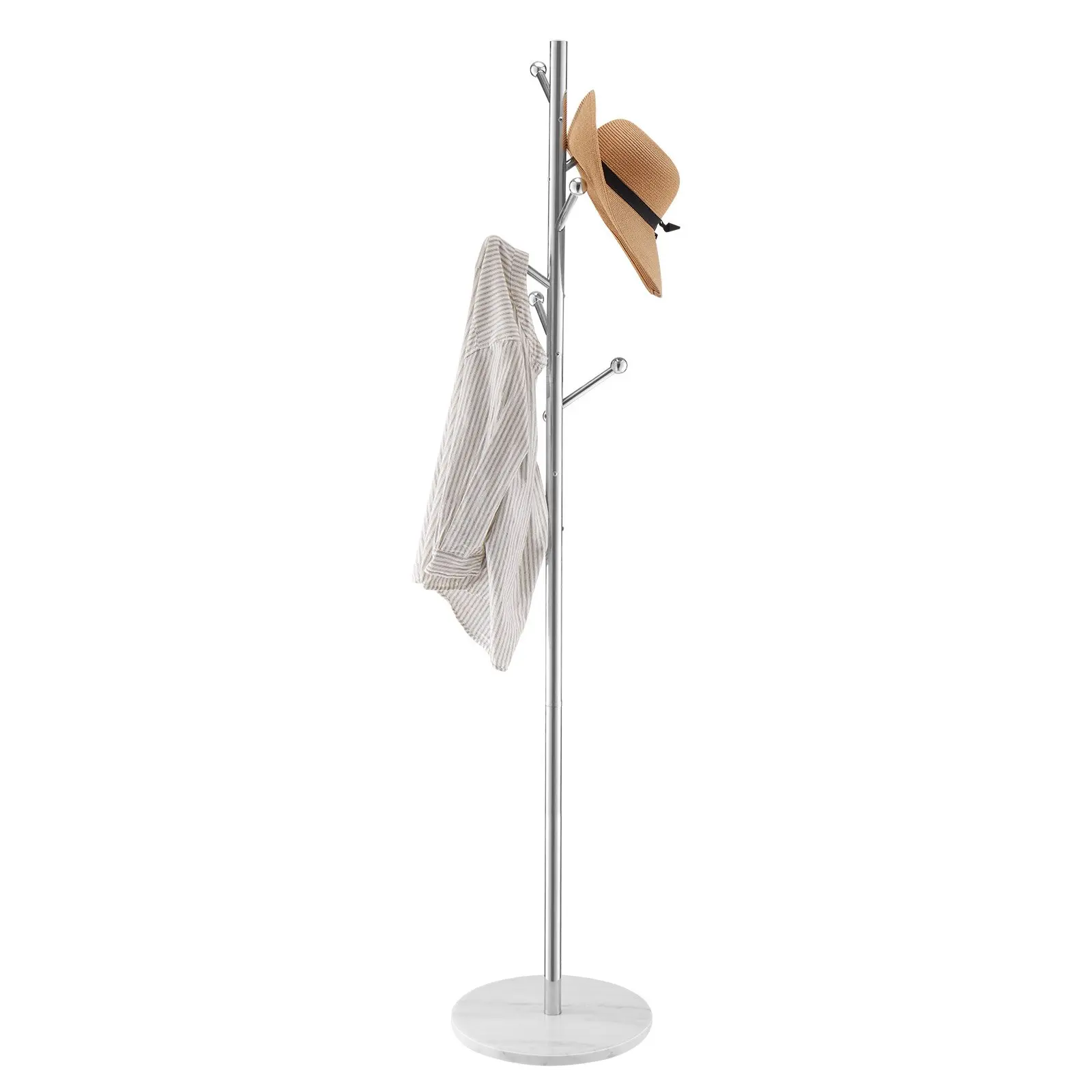 Coat Rack, Freestanding Coats Rack Stand with Stable Marble Base 8 Hooks, Free Standing Hall Coat Tree for Entryway, Bedroom, Office, Living Room, Modern Clothes Hanger for Coats, Hats, Bags