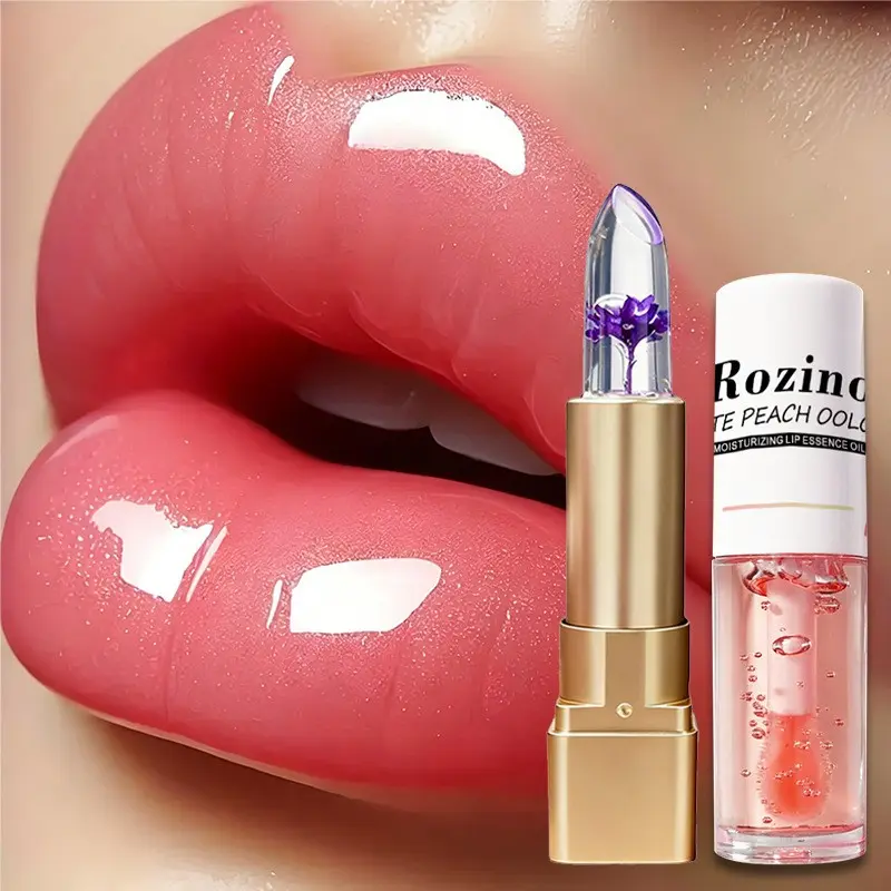 Lip Oil Set, Long-Lasting Non-Sticky Lipstick, Transparent Jelly Lip Gloss, Flower Lip Gloss, Color-Changing Glitter Lip Gloss, Ice Gel Lip Balm