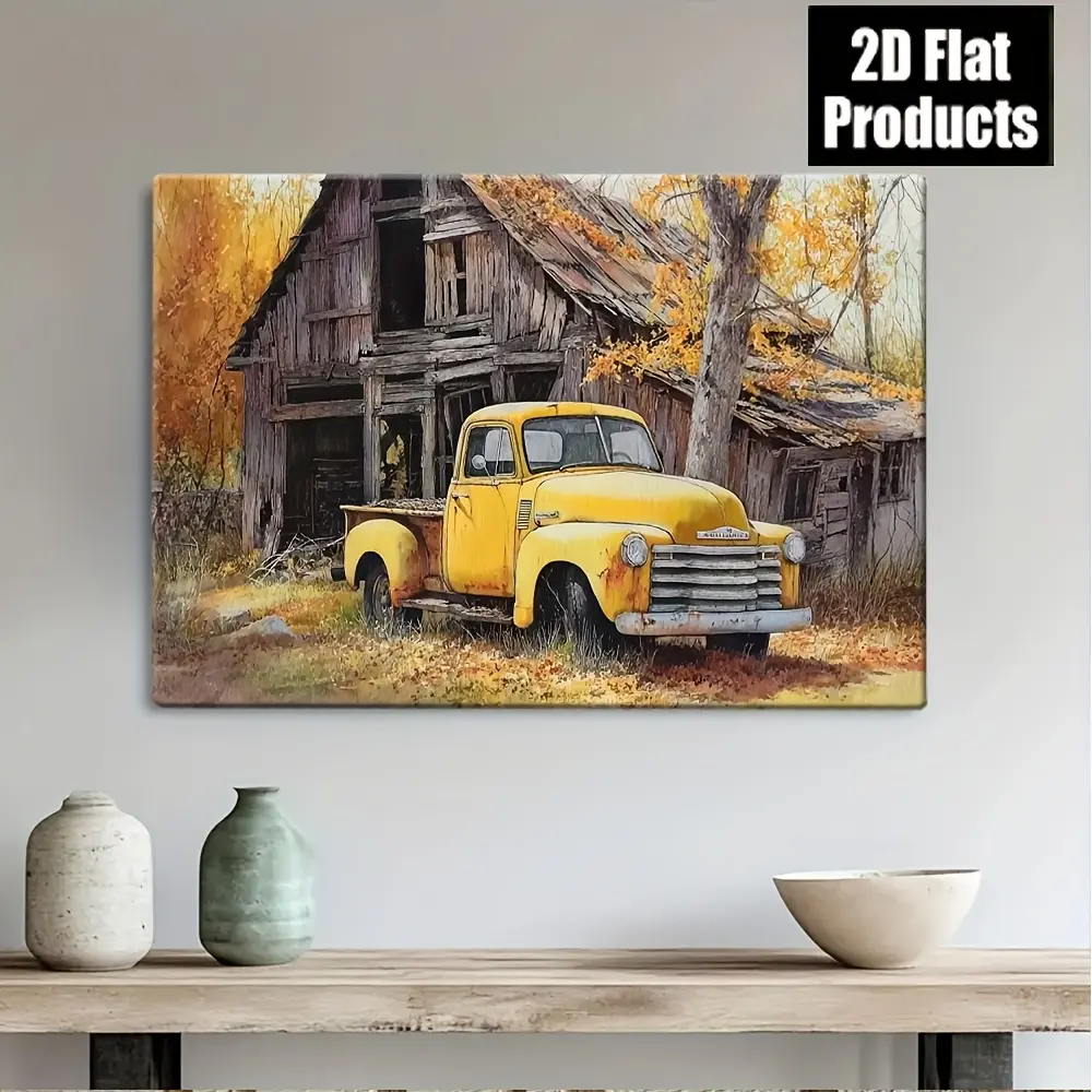 2D Flat Country Style Farm Wall Art Print - Vintage Barn and Yellow Truck Rural Scene, Customizable Size, High-Definition Canvas Poster, Suitable for Living Room, Office, Entryway Decoration, 2D Flat