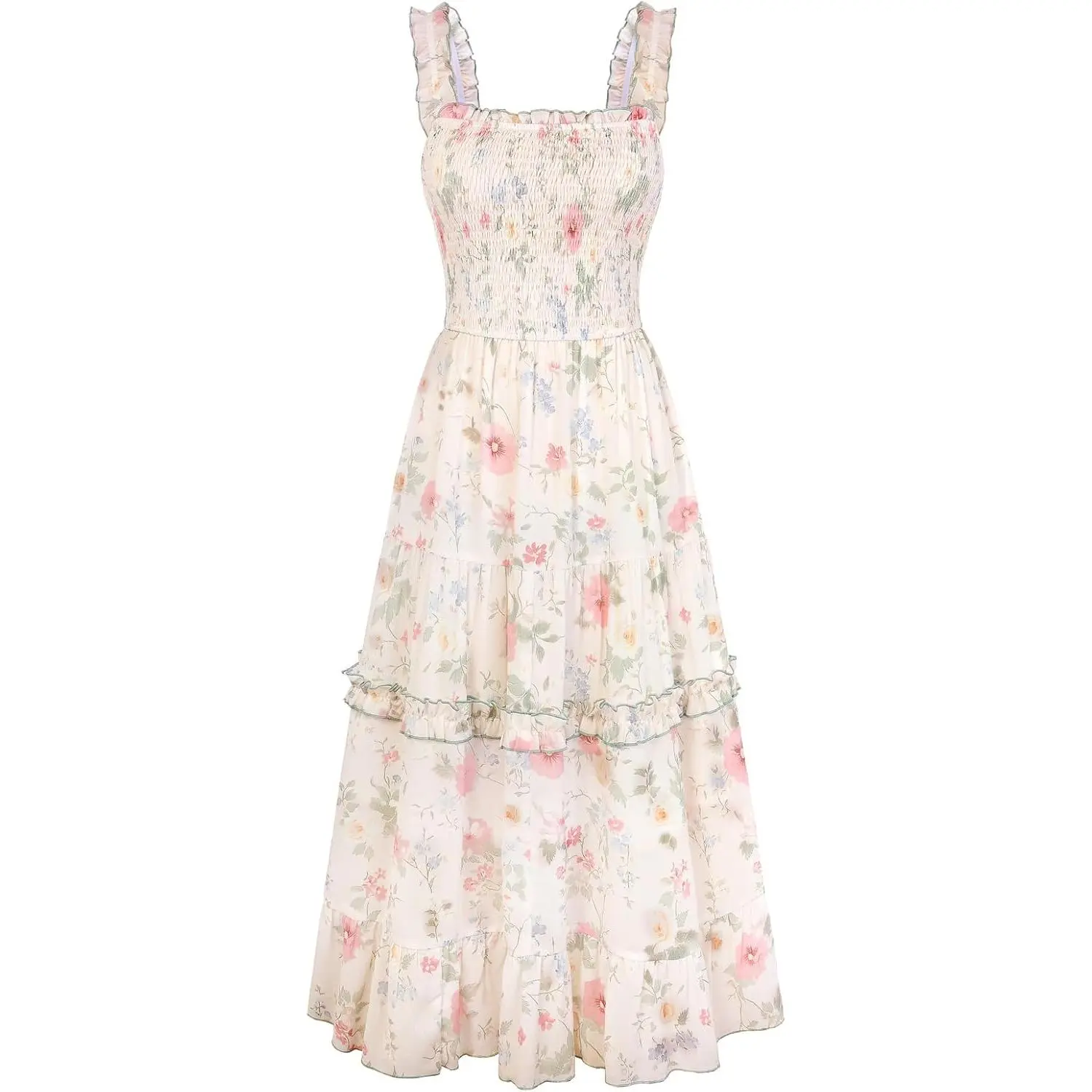 Floral Sundress for Women with Square Neck and Spaghetti Straps, Casual Smocked Cottagecore Tiered A-Line Midi Dress with Pockets, Feminine, Printed, Sleeveless, Day, Style, Photography, Check Size Chart, Hand Wash