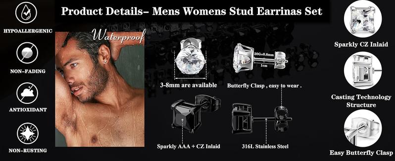 BESTEEL Hypoallergenic CZ Black Stud Earrings for Men & Women - Stainless Steel studearrings, Square Round Shape, Sensitive Ear Jewelry Set, Model 3-8MM accessories men