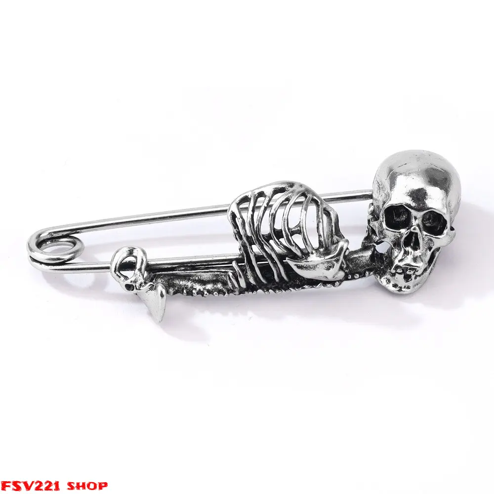 Women's Vintage Plain Antique Gold-2-Pcs Silver Metal Alloy Skeleton Skull Shape Brooch Pin Clip Set, Gothic Punk Clothes Accessory, Safety Pin for Jackets Hats Bags, Ideal Halloween Gift, Brooch Pins, Skeleton Form