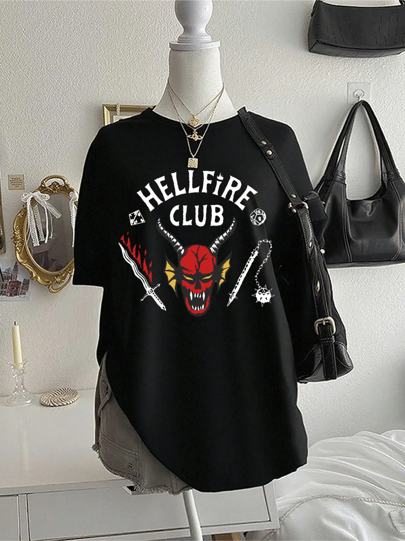 Y2K Sweet Cute Hellfire Graphic T-Shirt, Soft Cotton Fabric, Breathable Loose Fit, Versatile for All Seasons