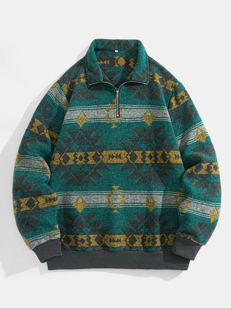 Men's Ethnic Pattern Half-Zip Mock Neck Jacket, Loose Casual Long Sleeve Zip Front Outerwear for Winter, Men's Winter Clothes for Daily Wear