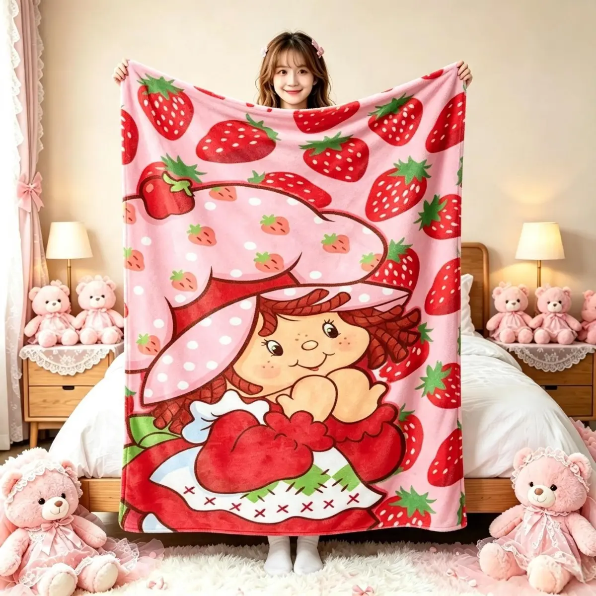 Strawberry Shortcake Retro Pink Strawberry Flannel Throw Blanket, Coquette Cottagecore Cartoon Soft Blanket for Bedroom Sofa Travel, Nostalgic Birthday Holiday Gift For Vintage Cartoon Lovers