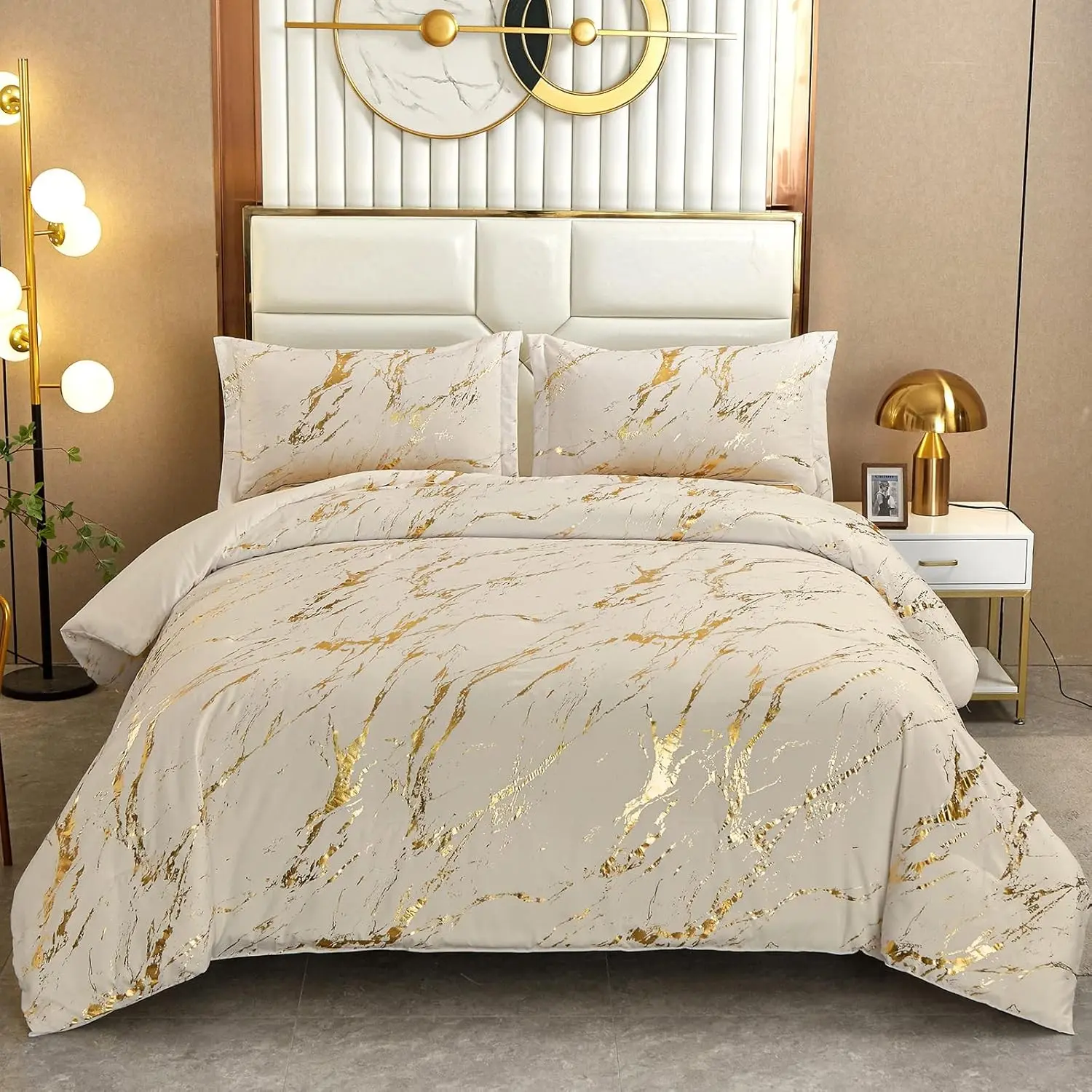 Khaki Gold Metallic Marble Comforter Set King Foil Print Glitter Bedding Sets with 2 Pillowcases for All Seasons, Soft Microfiber Bedding Set 103"x90"