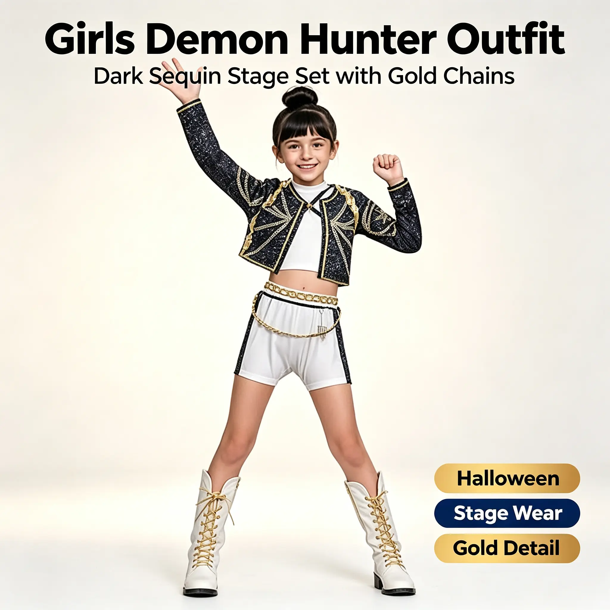 Girls Demon Hunter Costume Set | Dark Sequin Stage Outfit with Gold Chains, Shorts and Boots for Halloween & Shows