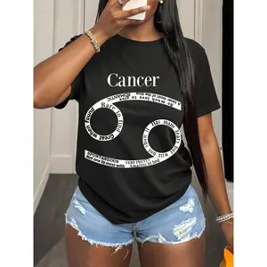 Women's Cancer Zodiac Sign Casual Short-Sleeve Cotton Fabric Top, Astrology-Inspired Graphic Tee with Fun Facts & Personality Traits Design, 220g