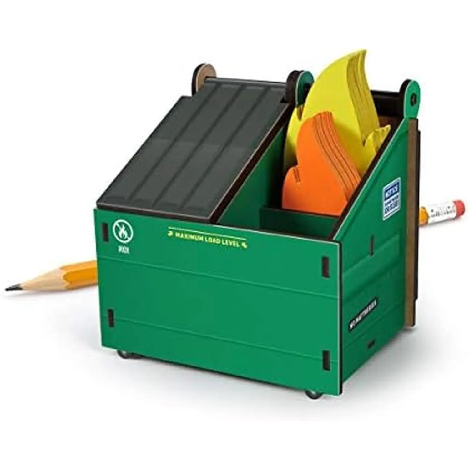 Engineered Wood 3-Compartment Fun Desk Supplies Dumpster Pencil Holder, 100+ Flame Note Cards Included, Office Caddy for Work or Home, 100+ Cards