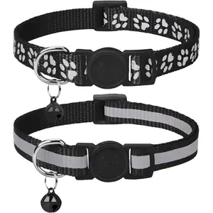 Reflective Cat Collar Breakaway with Bell, High Visibility Night Strip, Lightweight Adjustable Nylon Collar for Boy Girl Cats, 2 Pack, 7.5-12.5 Inch, Black