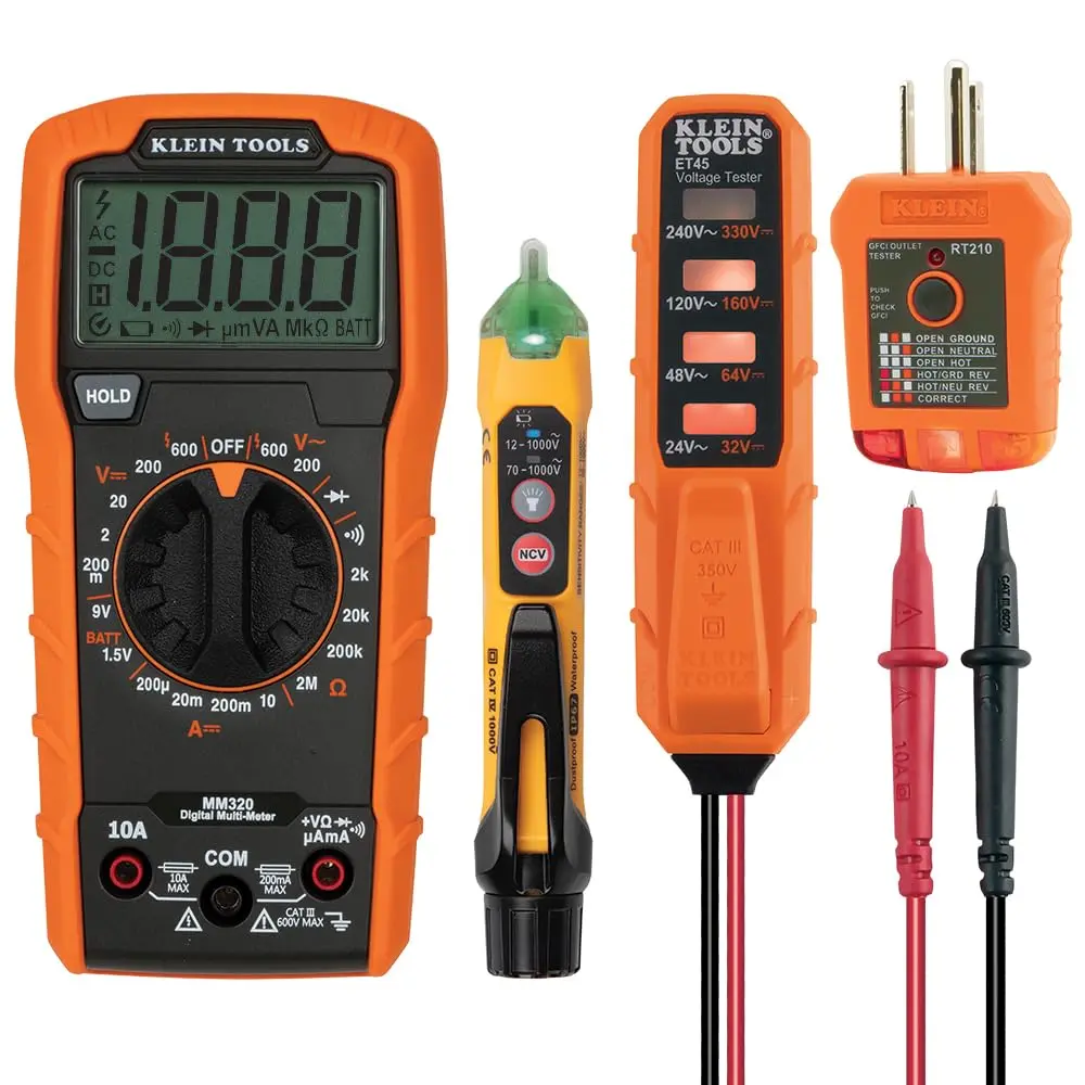 Klein Tools MM320KIT Digital Multimeter Electrical Test Kit, NonContact Voltage Tester, Receptacle Tester, Carrying Case and Batteries