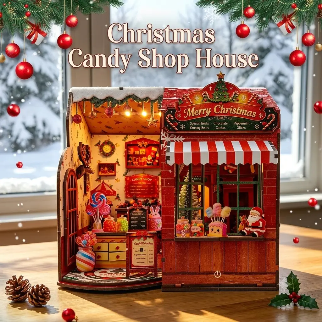 Christmas Candy Shop 3D Wooden Book Nook Kit, LED Lighted Miniature Bookshelf Insert, Holiday Gift Desk Ornament Home Decor