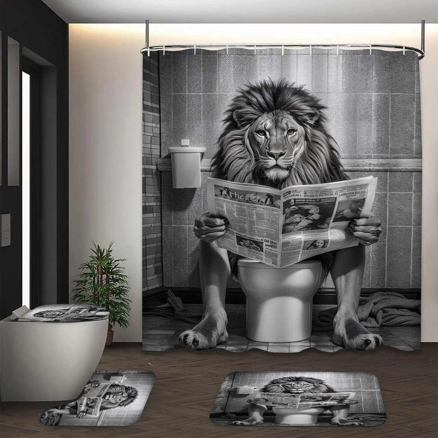 Humorous Lion Black-and-White Bathroom Shower Curtain Set - 1/4Pcs Fabric Bundle with 70.8"×70.8"(180×180cm) Curtain Panel, Plastic Toilet Cover, Bath Rugs, Hooks, Easy Installation Fashion Accessory Set, Polyester Animal Decor, Bathroom Shower Curtain Se