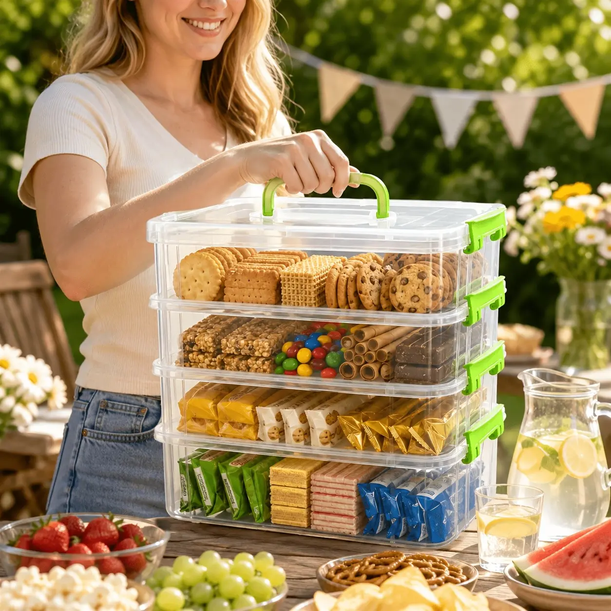 4-Tier Cupcake Carrier Stackable Storage Container, Store up to 48 Cupcakes | Plastic Stackable Trays with Lid and Handle. Lightweight for Parties, Baking, Travel. Keeps Cupcakes Secure. BPA-free.