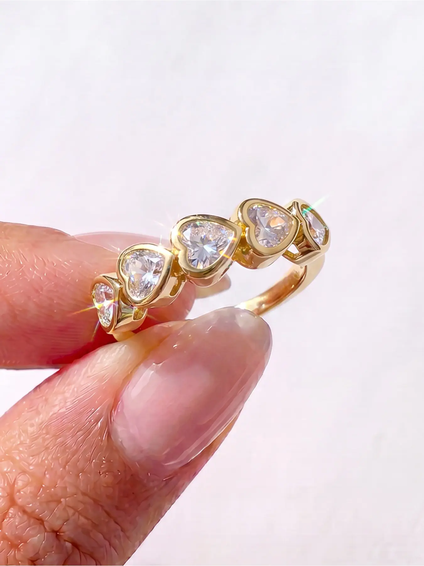 Five Heart Cut Cubic Zirconia Eternity Band, Copper Base with Gold Plated Polished Ring, Bezel Setting Connected Heart Stones, Full Stackable Design, Sweet Minimal Jewelry for Daily Wear and Love Gift