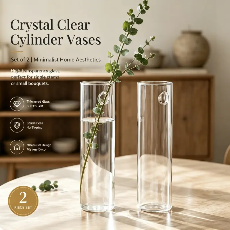 Modern Minimalist Cylinder Glass Vase Set Of 2 High Clarity Transparent Tall Vase Sturdy Thick Glass No Tipping Base For Home Living Room Table Decor