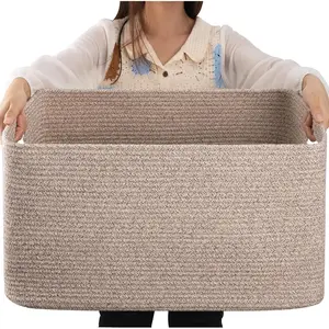 75L Large Woven Cotton Rope Storage Basket with Handle for Organizing Blanket and Toys for Living Room, Nursery, Brown Variegated 22"x17"x12"