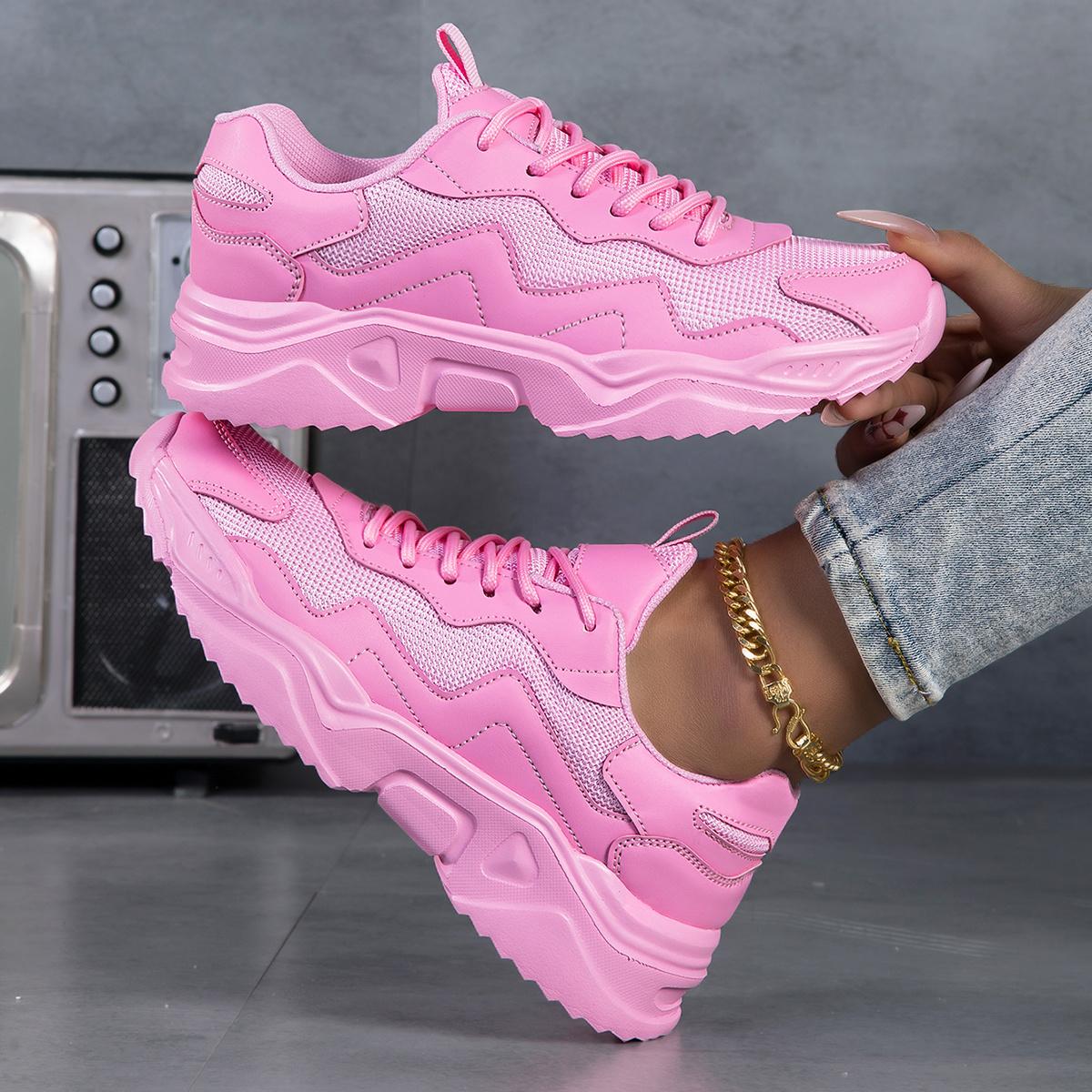 Women's Solid Color Casual Sneakers - Breathable Sneakers with Thick Sole, Low-top Lace-up Walking Shoes, EVA Sole, Fabric Lining - Cortable Ankle Sock Shoes for Fitness and Walking, Fashionable Shoes for All Seasons - For Women .