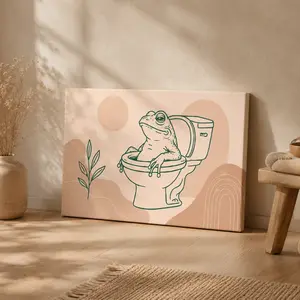 Funny Frog Bathroom Canvas Wall Art, Cute Toilet Frog Poster, Minimal Line Art Wall Decor for Bathroom, Powder Room, Kids Bathroom, Guest Bath, Unframed Canvas Poster or Framed Canvas Wrap