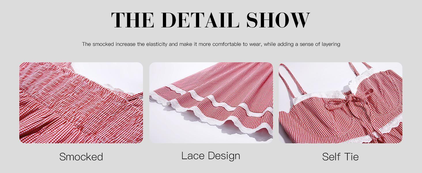 Imily Bela  Womens Cute Plaid A-line Summer Beach Dresses Spaghetti Straps Ruffle Hem Casual Mini Dress with Side Pocket