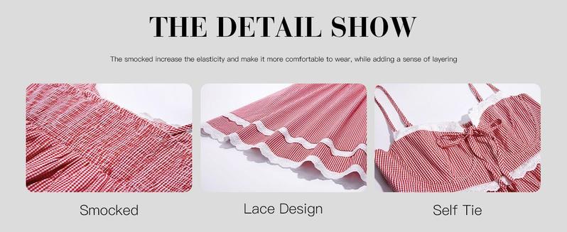 Imily Bela  Womens Cute Plaid A-line Summer Beach Dresses Spaghetti Straps Ruffle Hem Casual Mini Dress with Side Pocket