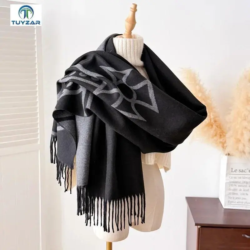 Double-Sided Cashmere Scarf Women's Autumn Winter Thick Warm Fashionable Shawl Scarf Luxury Style Warmth Functional Fashion Acce