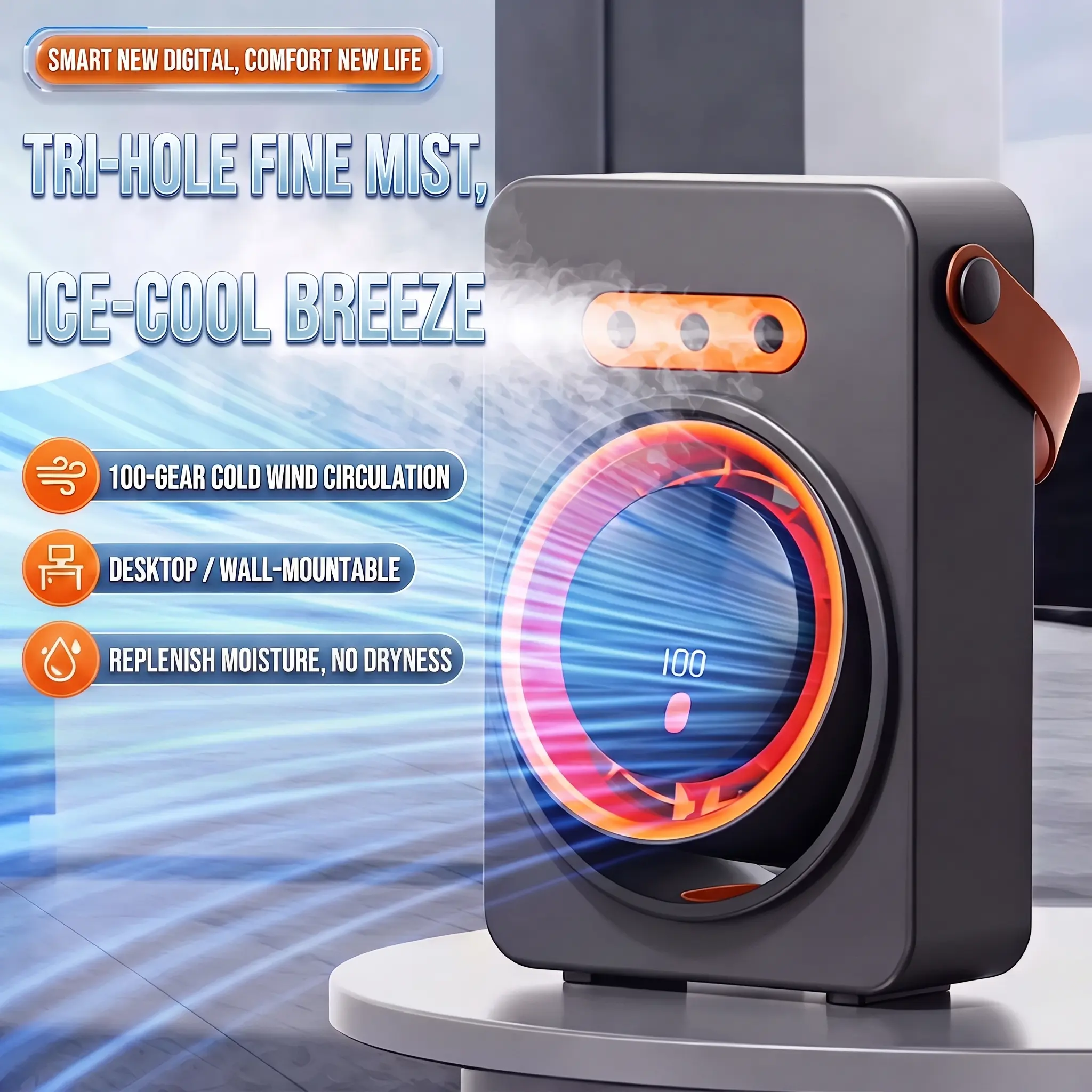 Portable USB Charging Spray Fan - Type-C Desktop Humidification Fan with Handle,portable fans，fan for bedroom，cooling fan，ac cooling fan，rechargeable fan 5-Gear 100-Level Wind Speed Control, Blowing-Humidifying 2-in-1, Ideal for Home, Office, Camping cool