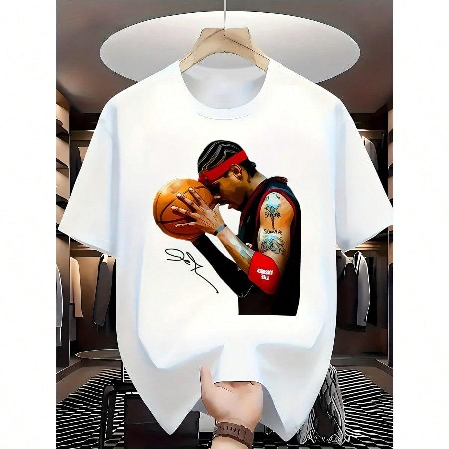 Men's Basketball Graphic T-Shirt - Soft Breathable Fabric Athletic Tee, White Shirt With Dynamic Basketball Player Design For Gym, Casual Outfits - Machine Washable Sports Apparel For Fans, Basketball Shirt, Gym Clothing, Round Neckline Shirt