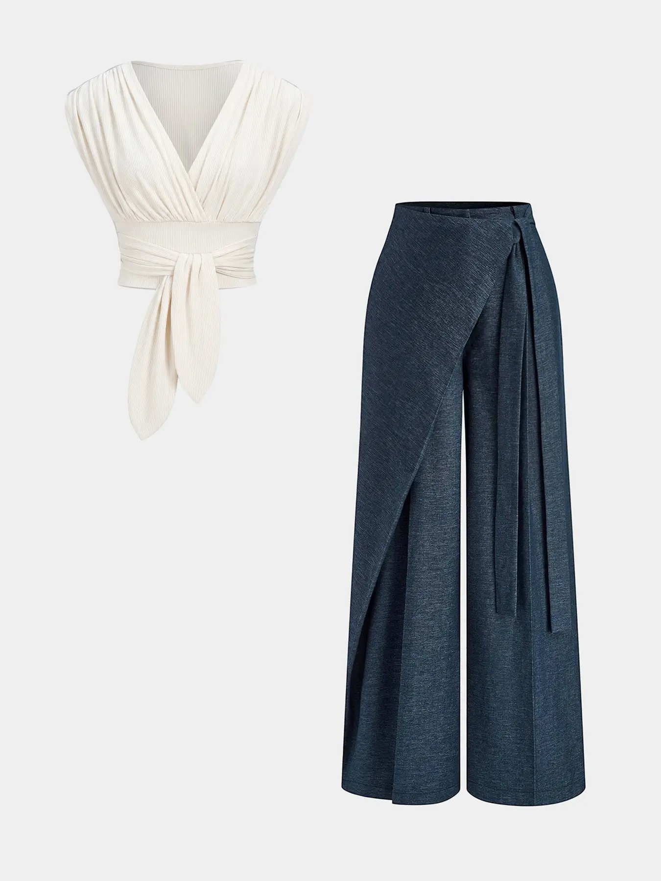 2-Piece Casual Fit Set, Ruched Wrap Tie Top and Side-Split Tie Wide-Leg Pants, Stylish Chic Two-Piece for Everyday Wear
