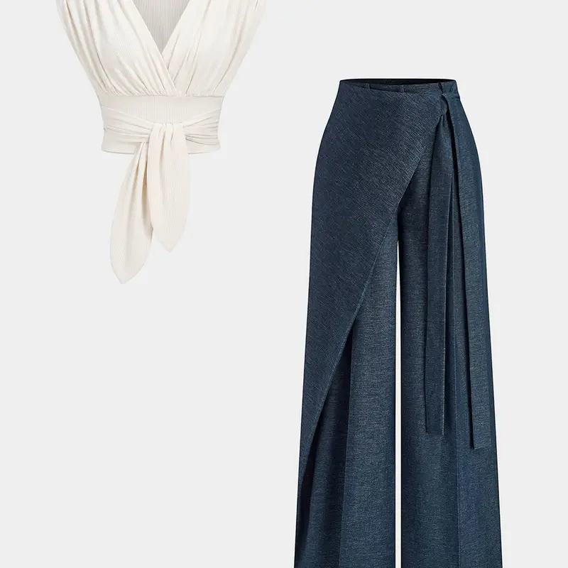 2-Piece Casual Set Fit, Ruched Wrap Tie Top and Side-Split Tie Wide-Leg Pants, Stylish Chic Two-Piece for Everyday Wear