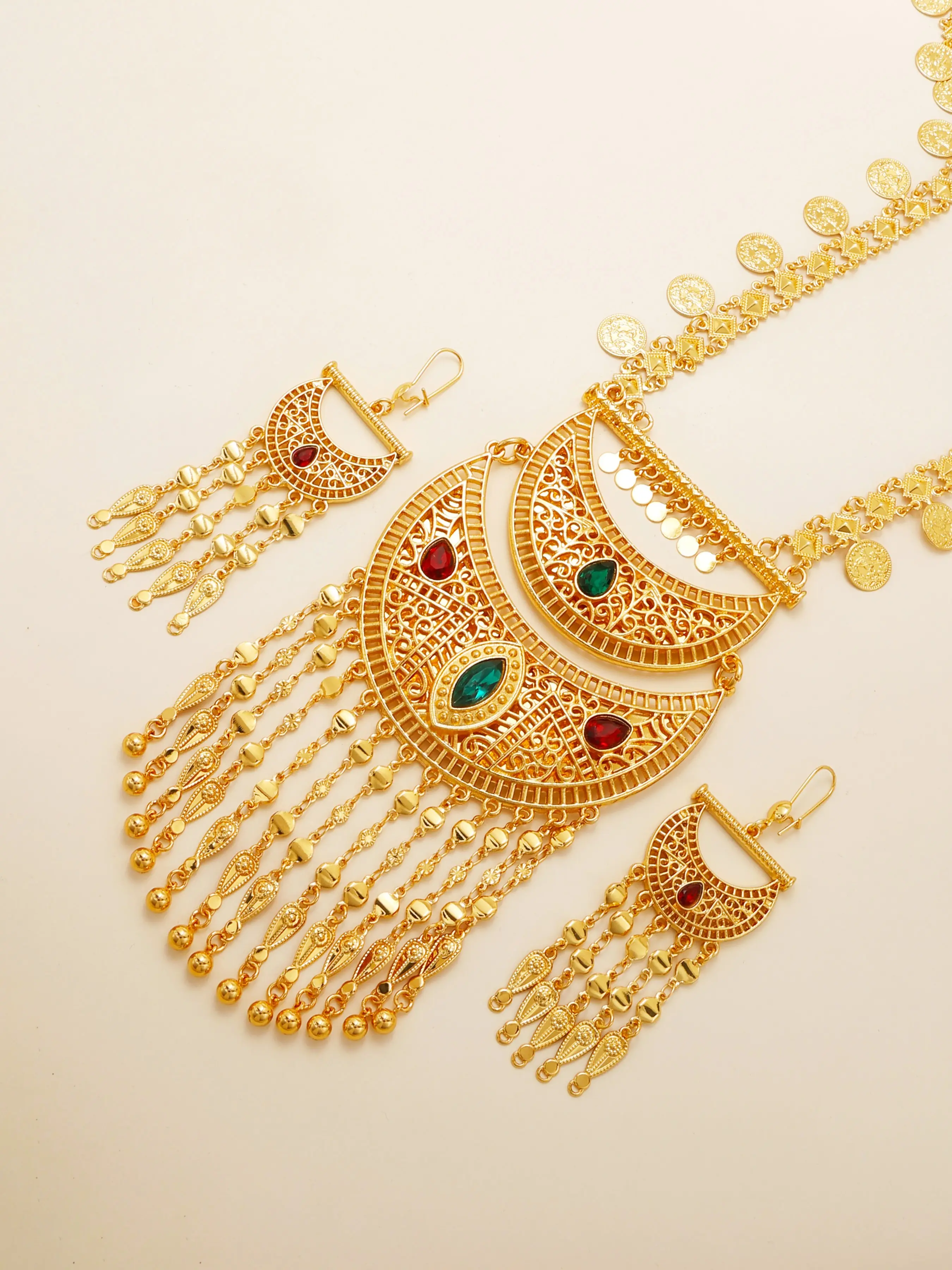 Middle Eastern Style Coin Fringe Pendant Necklace Set, Bohemian Jewelry, Boho Jewelry Set, Moroccan Wedding & Party Accessories, Bridal Jewelry Set for Wedding