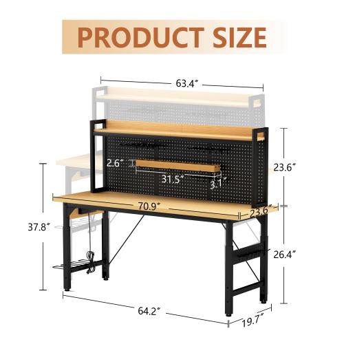 [Bellemave]48/71''Adjustable Workbench with pegboard, Heavy Duty Wooden Desktop Workbench with Wheels, 1600 lb.Load Capacity, Rolling Workbench with AC/USB Outlet, Hooks, Shelf, for Garage, Workshop, Office, Home.