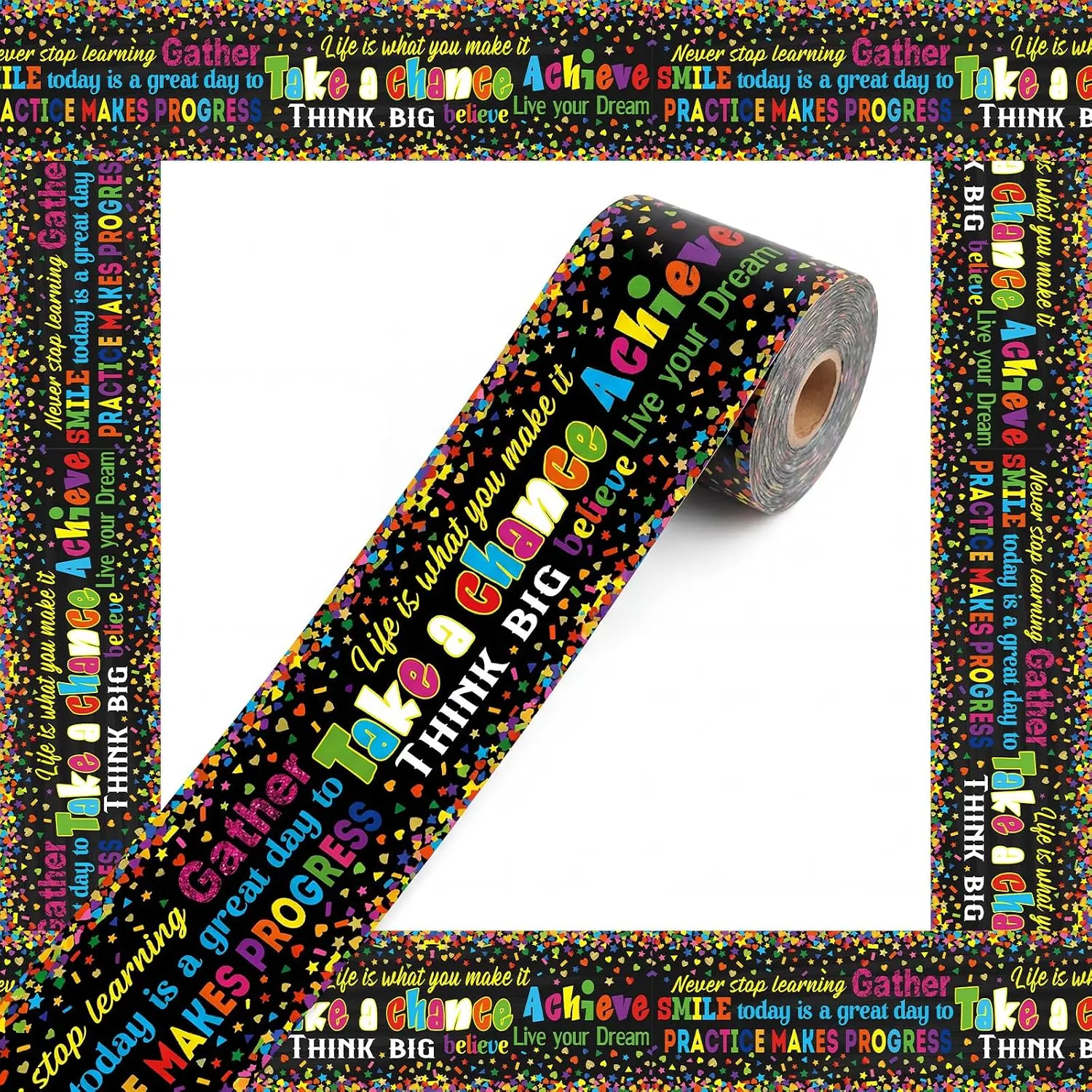 Borders for Bulletin Board Decoration, 65ft Inspirational Quotes Scalloped Trim Classroom Bulletin Board Borders for School Office Whiteboard Wall Poster Chalkboard(Black Colorful Pot)