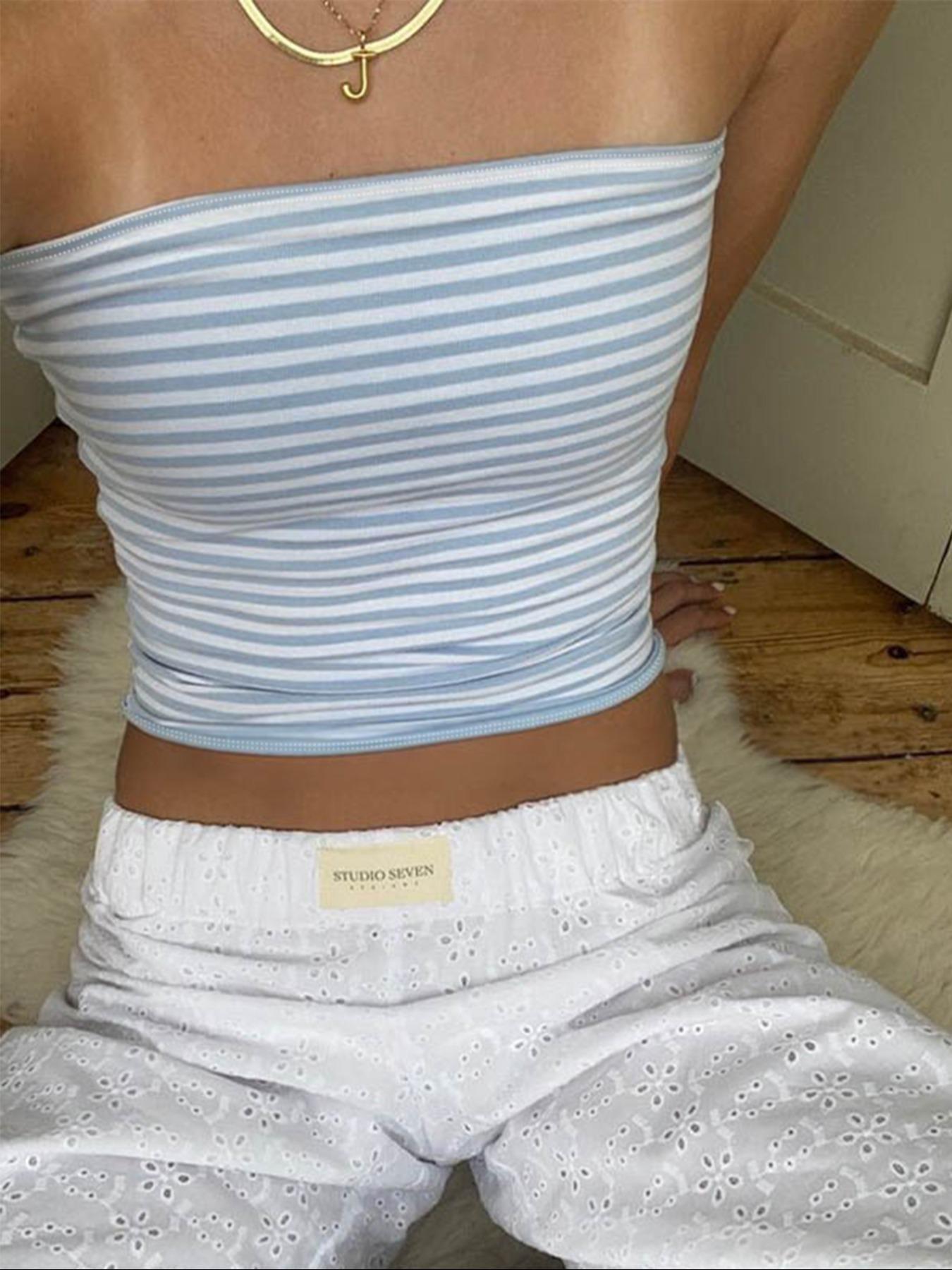 Women's Striped Print Ruched Fitted Crop Knit Tube Top, Casual Strapless Cropped Top for Summer, Ladies Clothes for Daily Wear